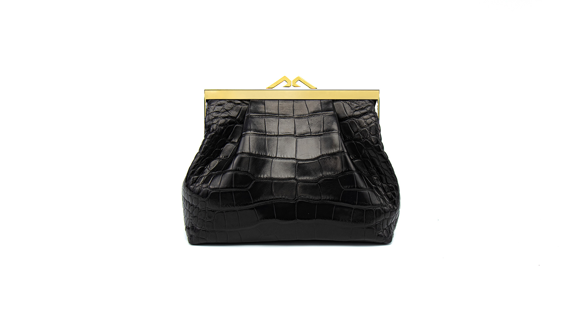 Black clutch bag, alligator handbag. NATALIA-Front-CRC2200021-012-BLS-1