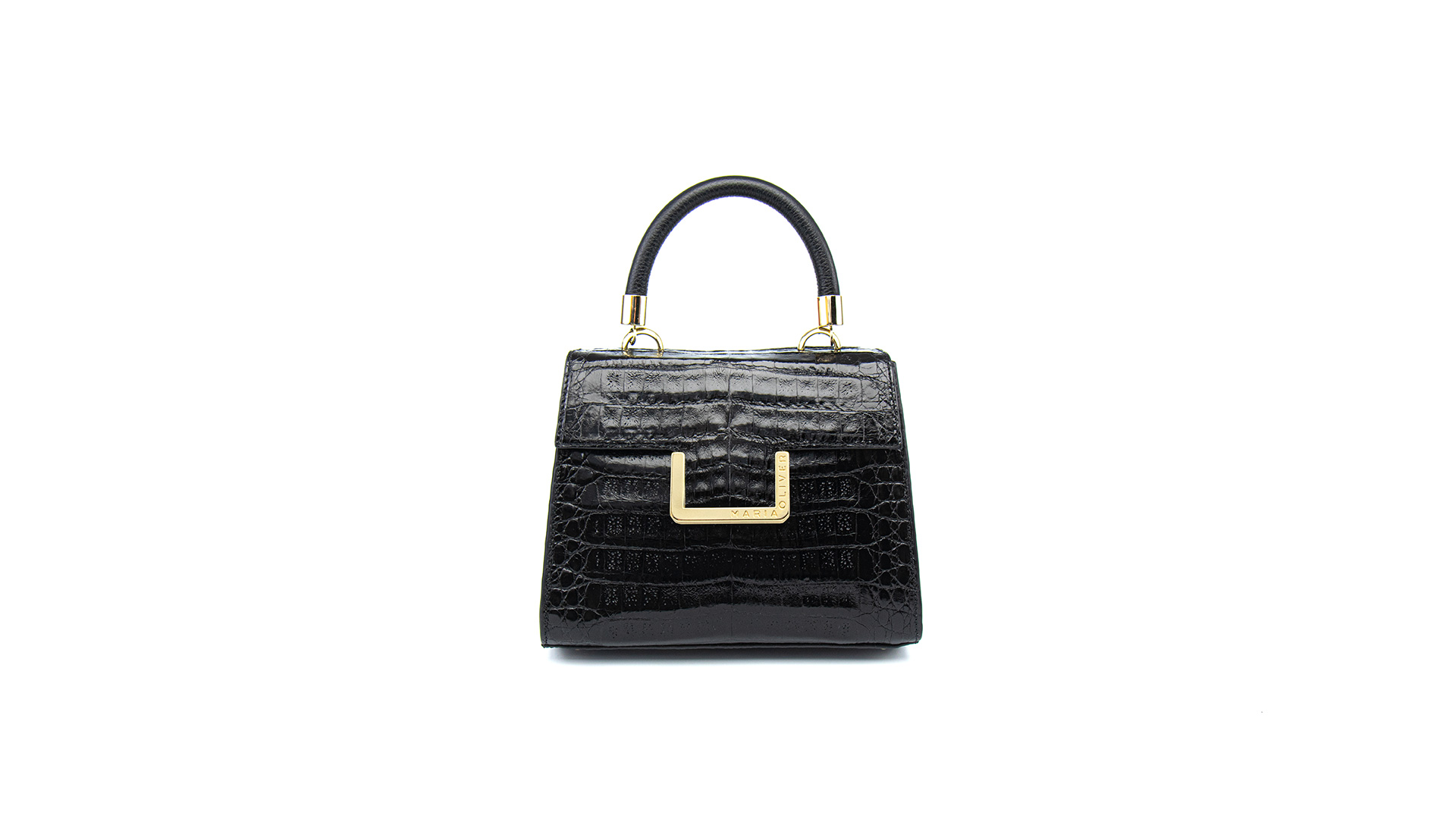 Black purse bag, crocodile handbag. SMALL-MICHELLE-Front-CRC2200031-021-BLS-1