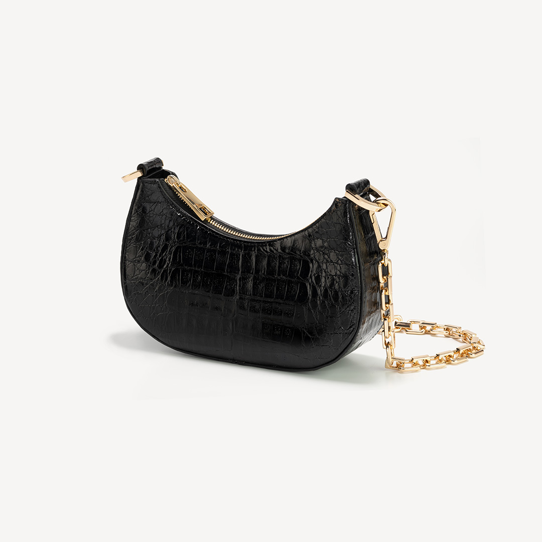 Black chain handbag, Crocodile, Glazed, Gold. SMALL MIA – MARIA OLIVER
