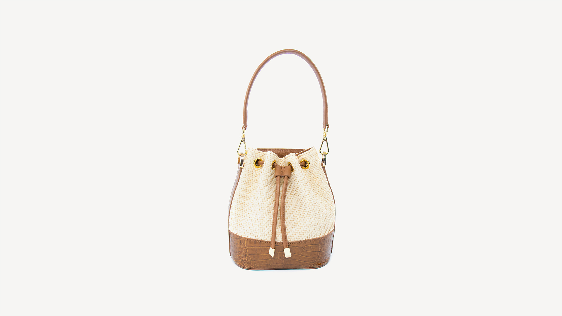 Brown drawstring bucket bag. Crocodile, Glazed, Gold. ALESSIA