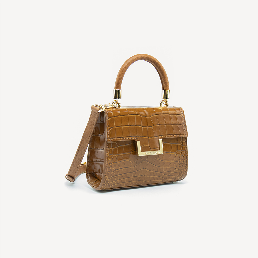 Brown purse mini bag, Alligator, Matte, Gold. MINI MICHELLE – MARIA OLIVER