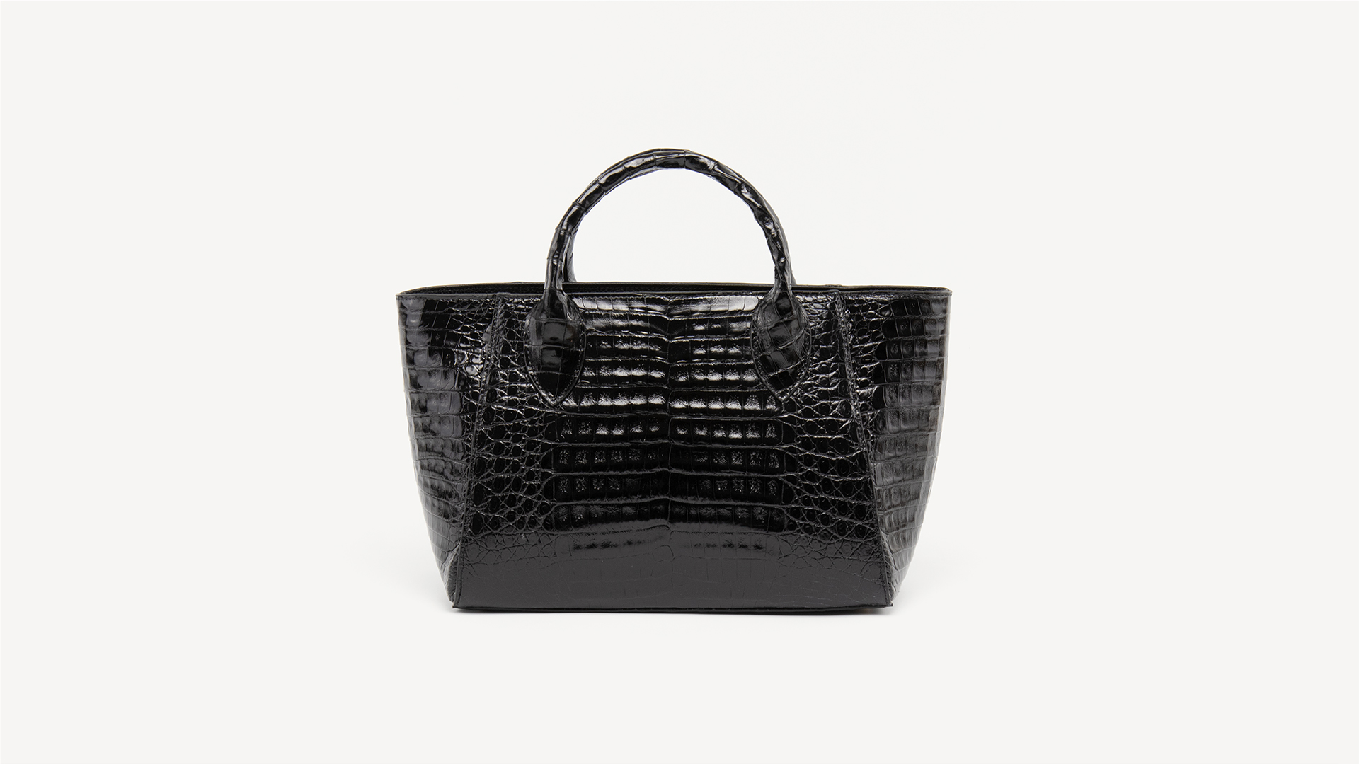 Black top handle bag, Crocodile, Glazed, Gold. VIRGINIA – MARIA OLIVER